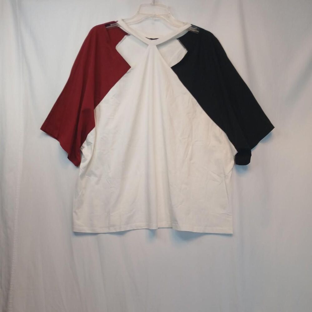 White Colorblock Burgundy & Black Short Sleeve Cut Out T-shirt Top 3X